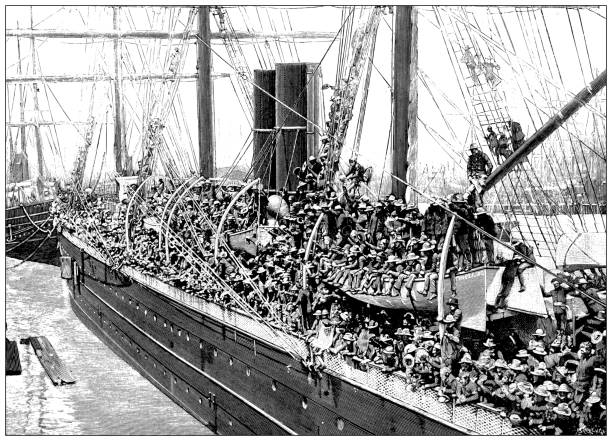 Antique image: Spanish American war, soldiers embarking on the 