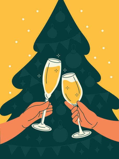 wesołych świąt i szczęśliwego plakatu lub banera noworocznego. pozdrawiam lub świąteczny toast szampanem na tle sylwetki choinki. ręce z napojami alkoholowymi. kolorowa płaska ilustracja wektorowa - christmas christmas card greeting card greeting stock illustrations