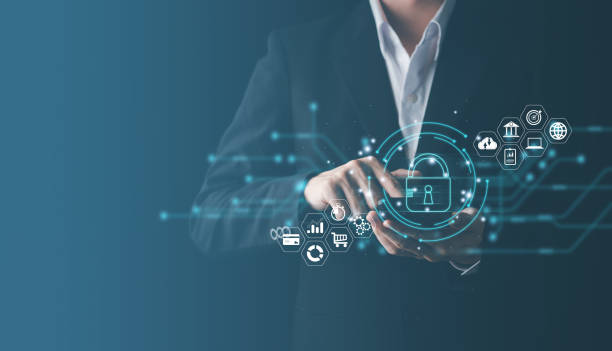 istock Man touching security scanning of digital programs. Surveillance of Personal database with Futuristic digital processing of biometric identification fingerprint scanner. 1436748222