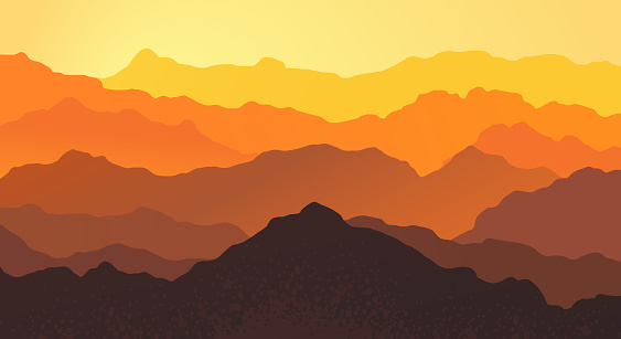 Illustration of nature, silhouettes of high mountains in orange fog and warm sunlight, vector illustration for banner, poster, card, header.