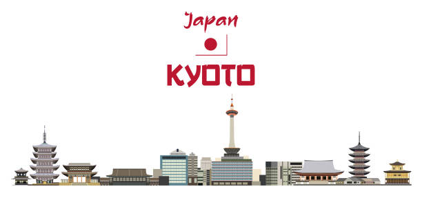 ilustraciones, imágenes clip art, dibujos animados e iconos de stock de ilustración vectorial del horizonte de la ciudad de kioto - región de kinki