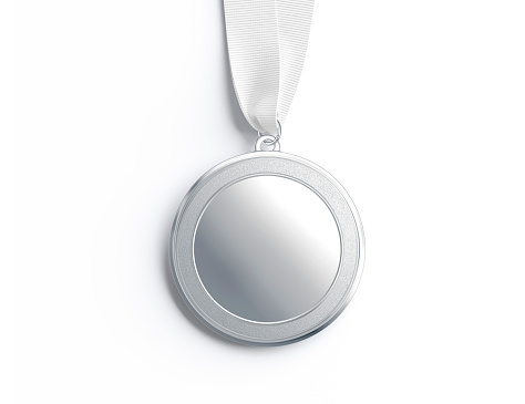 Blank silver medal mockup lying, top view, 3d rendering. Empty metal medallion or badge with ribbon for honor or sport mock up, isolated. Clear win award for competition or academic sign template.