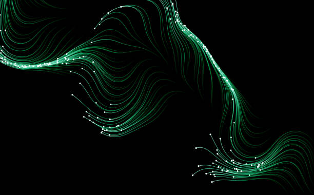 ilustraciones, imágenes clip art, dibujos animados e iconos de stock de partículas que fluyen sobre fondo negro. - cyberspace abstract backgrounds photon