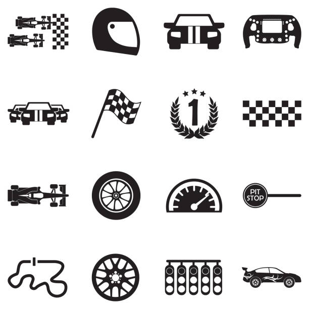 ilustraciones, imágenes clip art, dibujos animados e iconos de stock de iconos de las carreras de coches. diseño plano negro. ilustración vectorial. - racecar