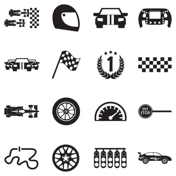 Vector illustration of Car Racing Icons. Black Flat Design. Vector Illustration.