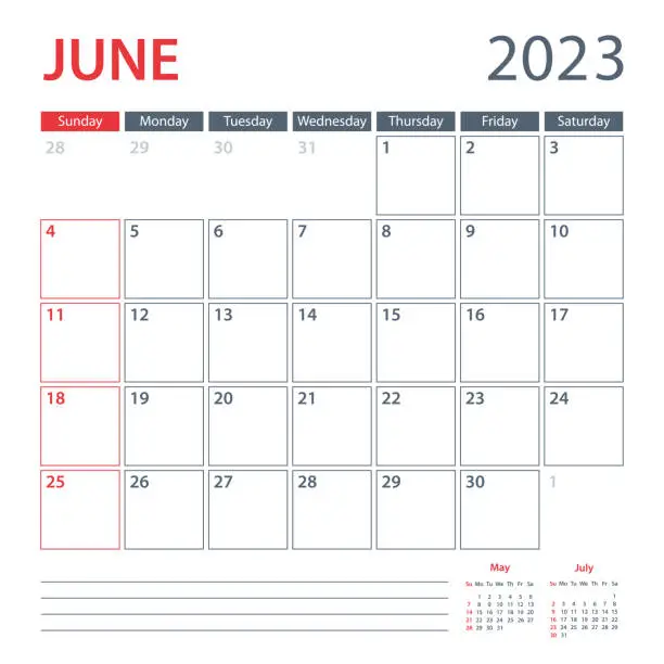 Vector illustration of 2023 June Calendar Planner Vector Template. Week starts on Sunday