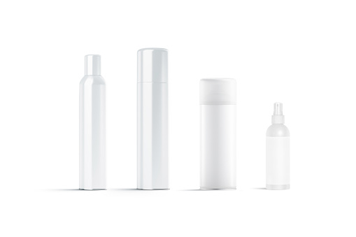 Blank white spray bottle mockup, front view, 3d rendering. Empty aerosol or splash pack with hairdressing or lacquer mock up, isolated. Clear atomizer can sprayer with hairspray template.