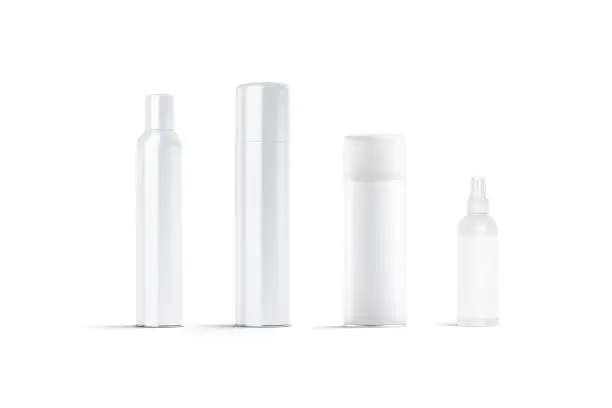 Blank white spray bottle mockup, front view, 3d rendering. Empty aerosol or splash pack with hairdressing or lacquer mock up, isolated. Clear atomizer can sprayer with hairspray template.