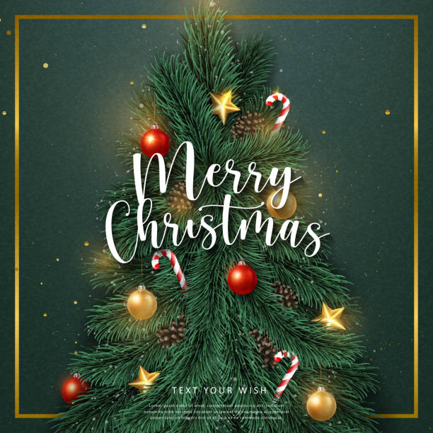 istock Merry Christmas composition 3D realistic pine fir tree candy cane decoration bauble and star ornaments 1436756307