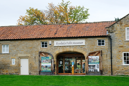 Hutton le Hole, North Yorkshire, UK - October 3rd, 2022: Entrance to the Ryedale Folk Museum, Hutton le Hole, North Yorkshire. Popular with tourists, Hutton is the gateway to the North Yorkshire Moors.