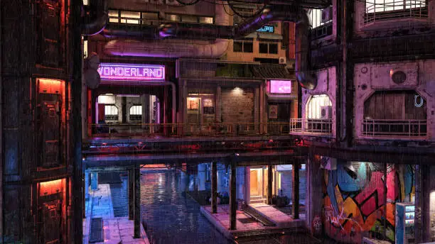 Photo of Rainy night in a futuristic multi level urban cyberpunk city environment built over a canal. 3D rendering.