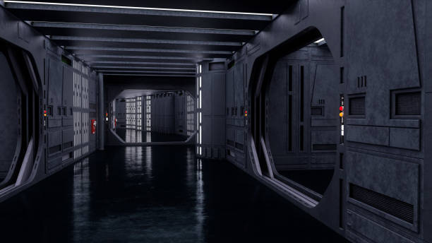istock Futuristic science fiction space ship corridor with metallic walls. 3D rendering. 1436758151