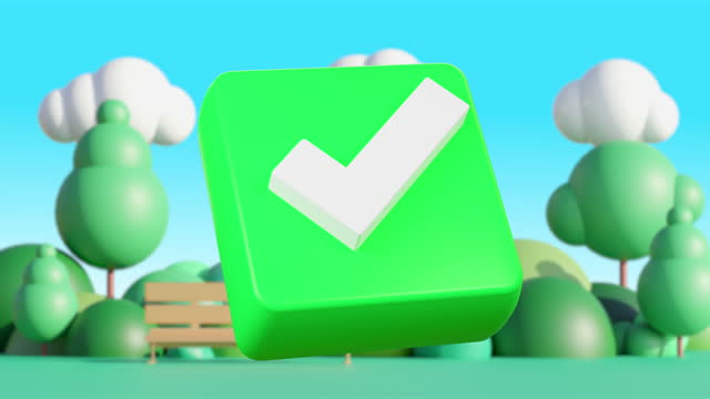 3d Animation cartoon checked icon or correct choice sign, check mark on park background.