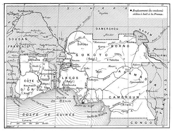 Antique image: African colonies map Antique image: African colonies map niger state stock illustrations