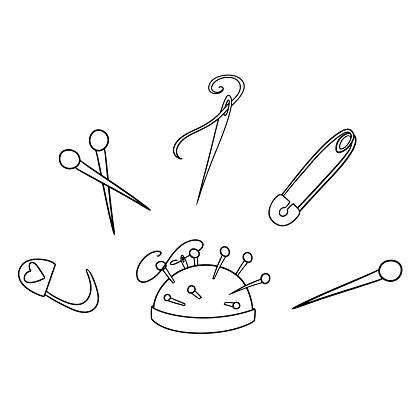 Monochrome icon set, soft pillow for pins and needles, vector illustration in cartoon style on a white background