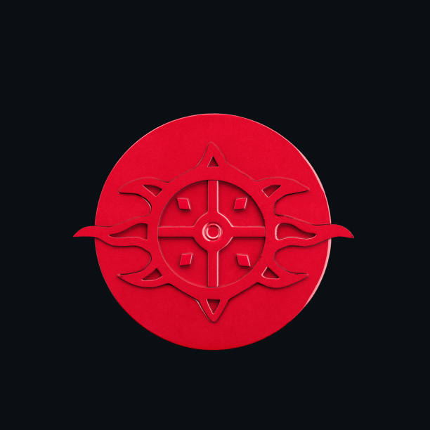 Crimson shield, medieval knight armor for guarding. Ancient defense armor, red shield, against brutal and fatal attacks, 3d rendering, nobody