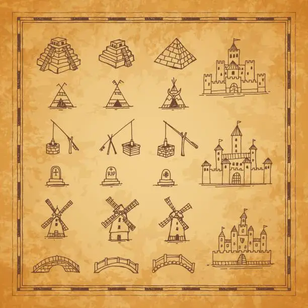 Vector illustration of Vintage map castle, pyramid, bridge sketches