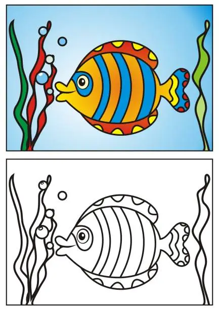 Vector illustration of Striped fish with plants, coloring page, eps.