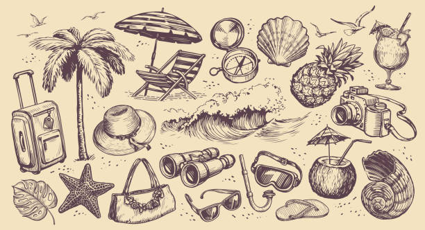 illustrazioni stock, clip art, cartoni animati e icone di tendenza di concetto di viaggio. oggetti disegnati a mano sul tema delle vacanze al mare. schizzo di viaggio illustrazione vettoriale vintage - recreate