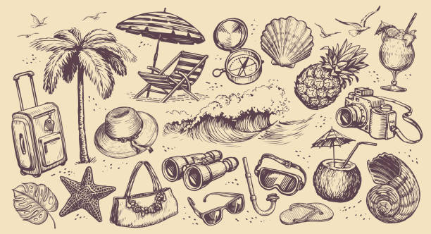 ilustrações, clipart, desenhos animados e ícones de conceito de viagem. objetos de conjunto desenhados à mão no tema das férias na praia. ilustração vetorial vintage do esboço da viagem - recreate
