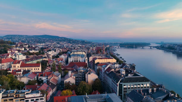 istock Budapest sunrise skyline, aerial view. Danube river, Buda side, Hungary 1436766158