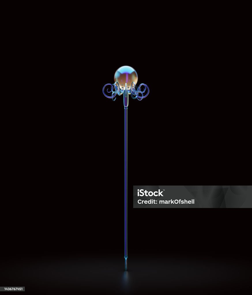 Glass magic wand and stick. Witch rod. Fantasy game weapon, magician fairy tale object, 3d rendering Glass magic wand and stick. Witch rod. Fantasy game weapon, magician fairy tale object, 3d rendering, nobody Miracle Stock Photo