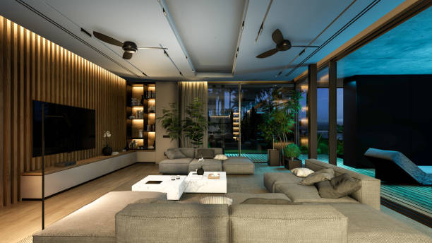 istock 3d rendering of modern cozy interior with living, dining zone, stair and kitchen in night 1436769863