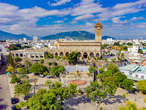 Guadalajara, Mexico – October 09, 2022: A drone view of the Hospicio Cabanas in Guadalajara, Jalisco, Mexico in the background of small houses