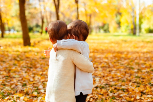istock Toddler twin sisters hugging in autumn park 1436774464