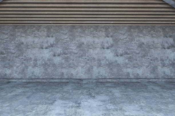 istock Blank grey wall background with space for your poster or advertising campaign board in empty hall with stone floor. 3D rendering, mock up 1436774490