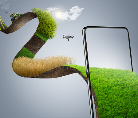 istock 3d illustration of smart farming concept. farm online management ads, online farming design. illustration of bending grass field with smartphone isolated 1436775658