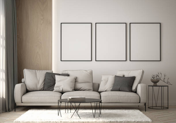 istock mock up poster frame in modern interior background, interior space, living room, Contemporary style, 3D render, 3D illustration 1436777172