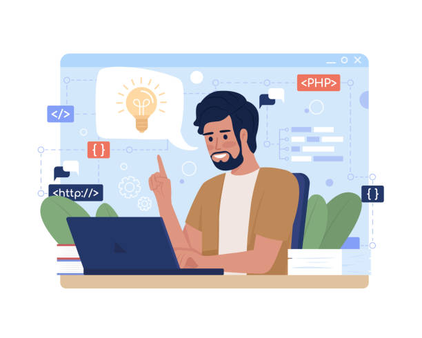 Problem solving in software development 2D vector isolated illustration Problem solving in software development 2D vector isolated illustration. Implement solution. Programmer flat character on cartoon background. ?olourful editable scene for mobile, website, presentation programming icon vector stock illustrations