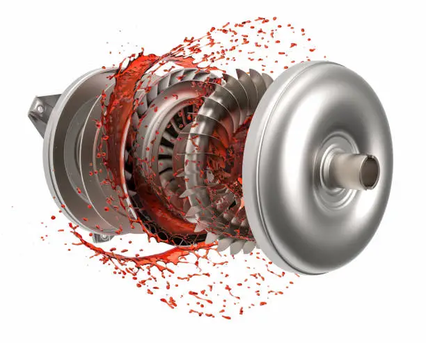 Exploded view of car torque converter. Torque converter with transmission oil. Car torque converter.