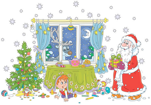 ilustrações de stock, clip art, desenhos animados e ícones de little boy spying on santa claus with a gift - christmas child little boys peeking