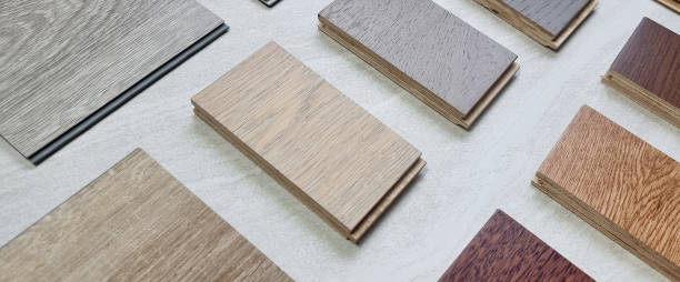 istock samples of interior wooden flooring material consists oak, walnut, ash, douglasfir engineering (or laminate) flooring, ash and oak vinyl tile. perspective view of selected materials on board. 1436782474