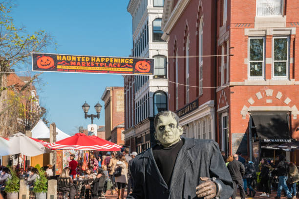 Salem, MA, US-October 9, 2022:  People visiting the annual Haunted Happenings event held during the month of October in celebration of the town's history of witch trials and Halloween.