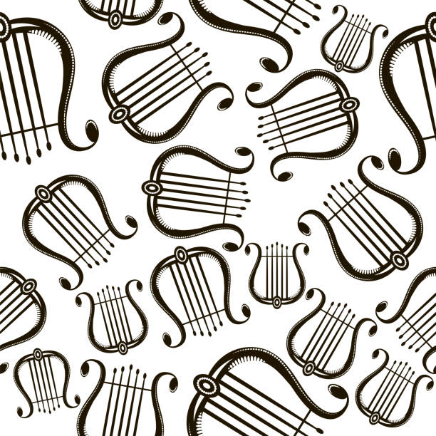 줄무늬가있는 복고풍 그리스 가사. 흰색 배경에 고립 된 악기 아이콘 원활한 패턴 - classical greek audio stock illustrations