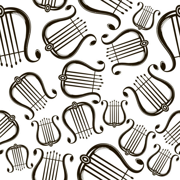 ilustrações de stock, clip art, desenhos animados e ícones de retro greek lyre with strings. musical instrument icon seamless pattern isolated on white background - classical greek audio