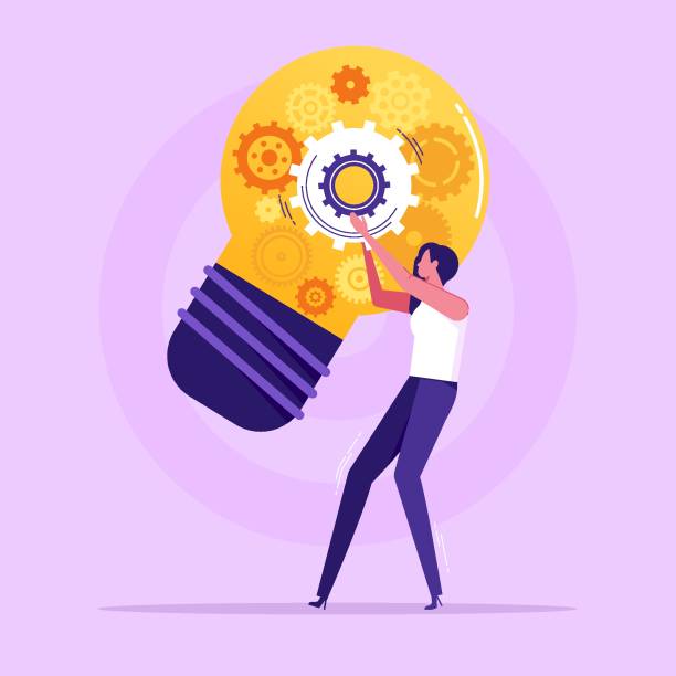 Concept of innovation, flat vector illustration Woman fixing glowing light bulb with gear wheels inside. Concept of innovation, innovative idea, creativity, creative thinking, creation of modern technology, hi-tech, flat vector illustration adjusting stock illustrations