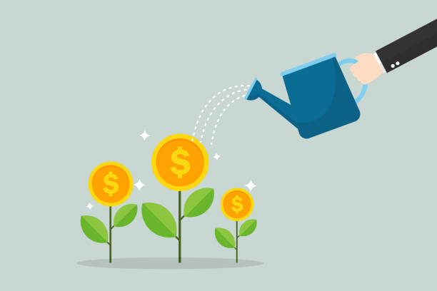 istock Businessman hand watering money coin tree. business growth tree concept. isolated on gray background. vector illustration in flat design. 1436790110