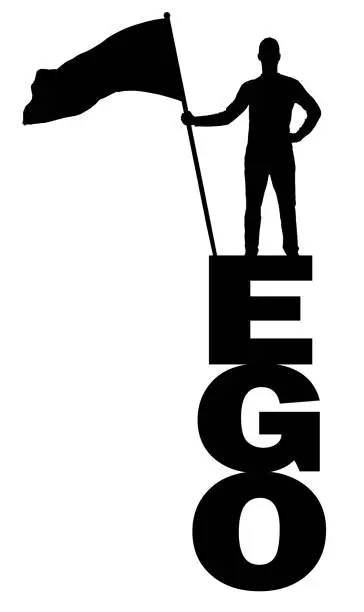 Vector illustration of Silhouette vector of a selfish man who holds a flag on top of the word ego