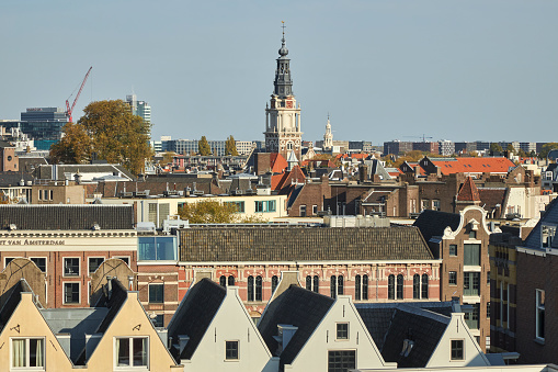 Amsterdam, Netherlands old town cityscape with cathedral towers at udskl.