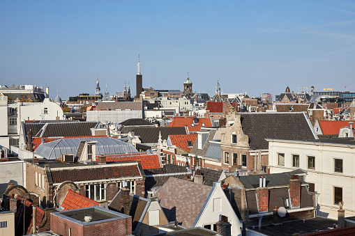 Amsterdam skyline and rooftops at city center, The Netherlands