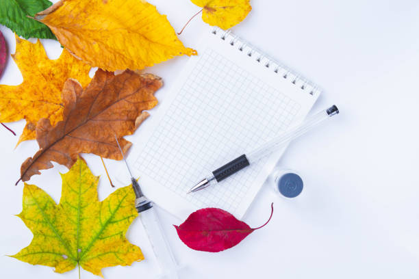 istock Vaccine and syringe are on table next to doctor's notebook and autumn leaves. Blank notebook for notes in doctor's office. Autumn vaccination. 1436791291