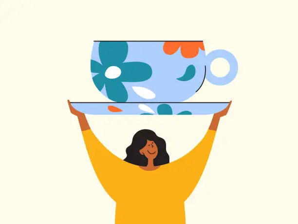 Vector illustration of Tea party or coffee break vector illustration with woman holding in hands huge blue floral ceramic cup hot drink
