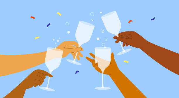 ilustrações de stock, clip art, desenhos animados e ícones de vector illustration of birthday party, cheers, celebration new year with diversity male or female hands holding champagne or wine drink glasses - wine dinner party drinking toast