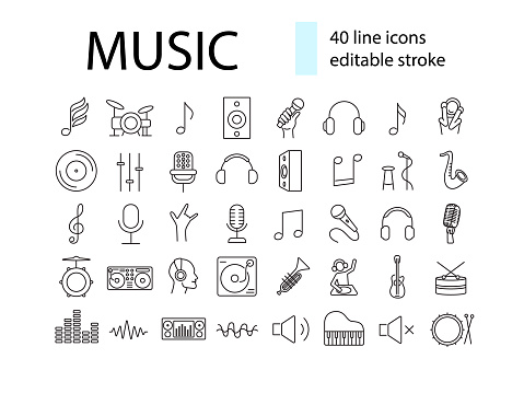 Music outline icons collection. Concert item. Headphone, microphone and dj. Musical store. Customizable linear contour symbols pack. Editable stroke. Isolated vector stock illustration