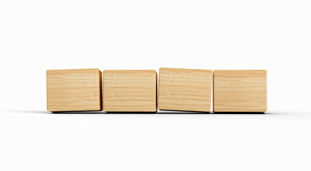 istock Four wooden toy cubes arranged in row on white background 1436794142