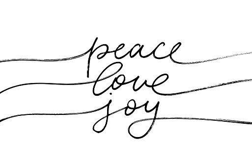 Peace Love Joy mono line lettering with swashes. Hand drawn vector calligraphy isolated on white background. Calligraphy phrase for Christmas. Holiday cursive text. Modern pen lettering.